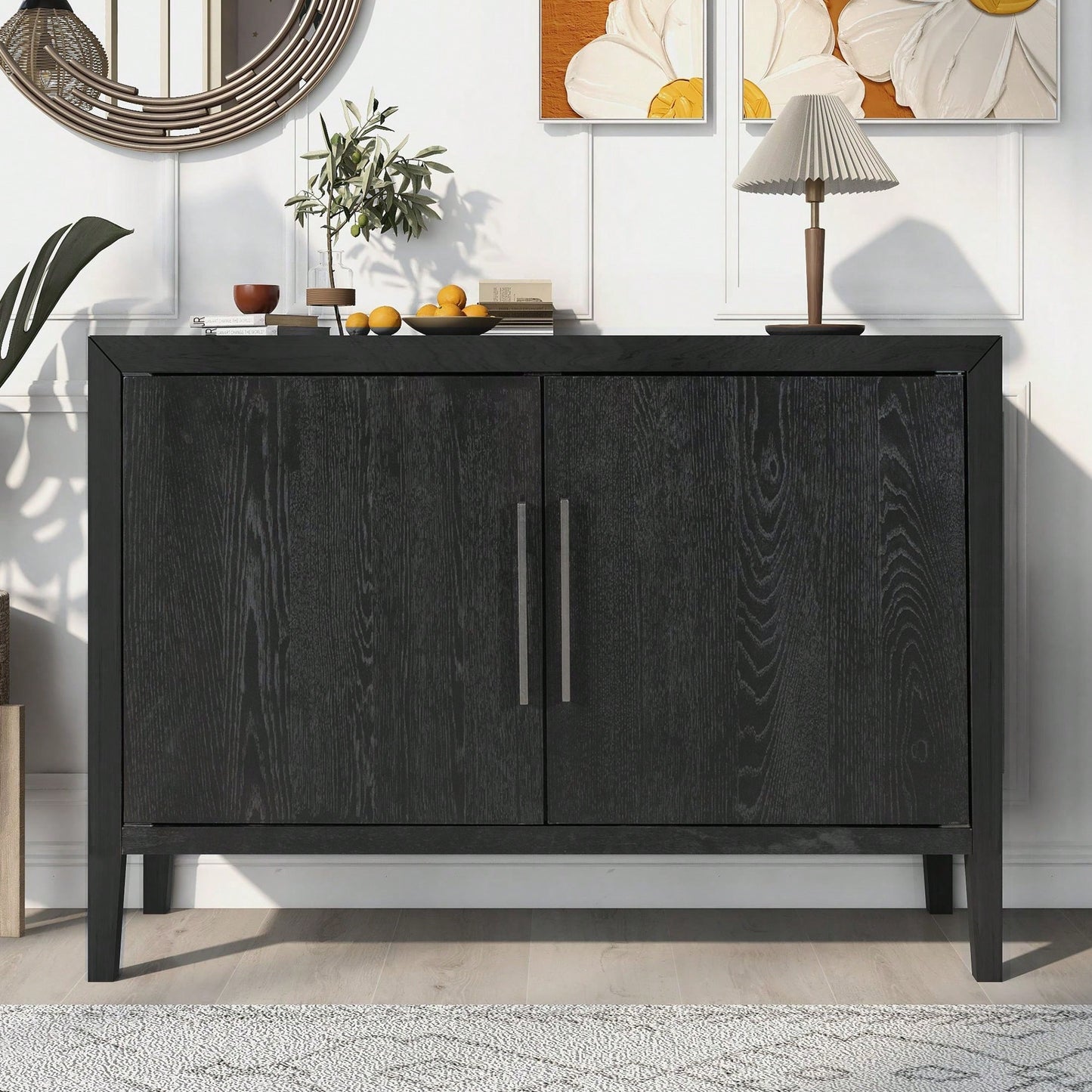 Storage Cabinet Sideboard, Wooden Cabinet With 2 Metal Handles And 2 Doors For Hallway, Entryway, Living Room, Bedroom