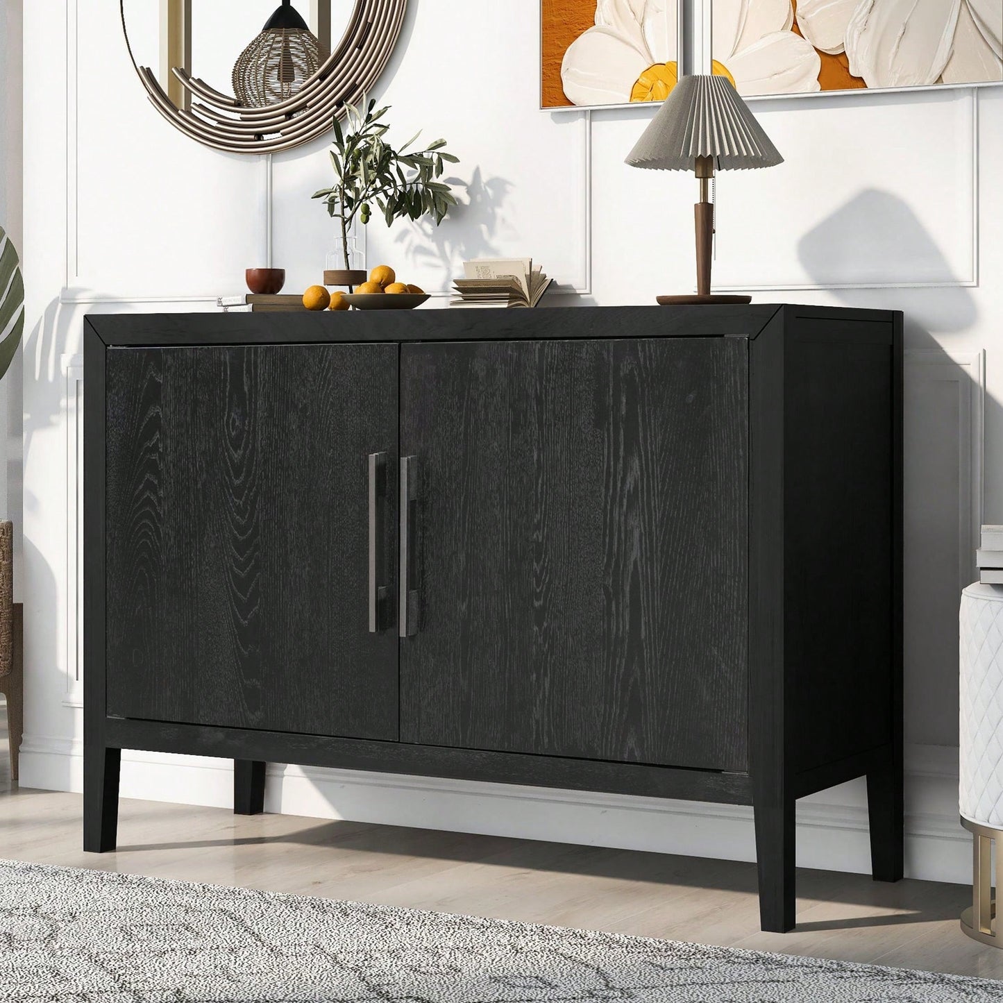 Storage Cabinet Sideboard, Wooden Cabinet With 2 Metal Handles And 2 Doors For Hallway, Entryway, Living Room, Bedroom