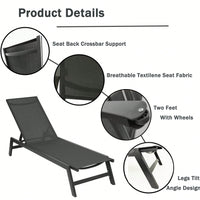 Adjustable Outdoor Chaise Lounge Chair - Five-Position Recliner, All Weather for Patio, Beach, Yard, Pool - Grey Frame & Dark Grey Fabric