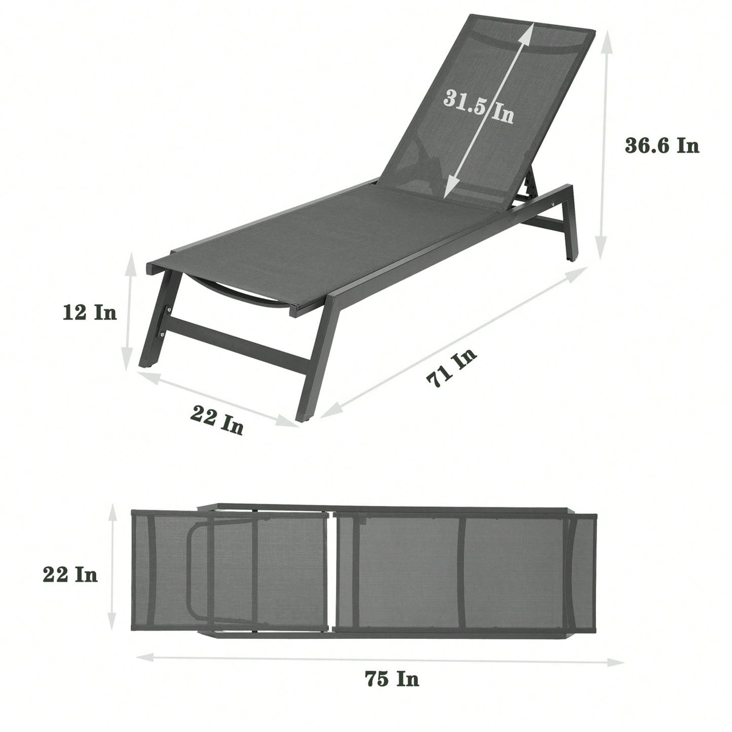 Adjustable Outdoor Chaise Lounge Chair - Five-Position Recliner, All Weather for Patio, Beach, Yard, Pool - Grey Frame & Dark Grey Fabric