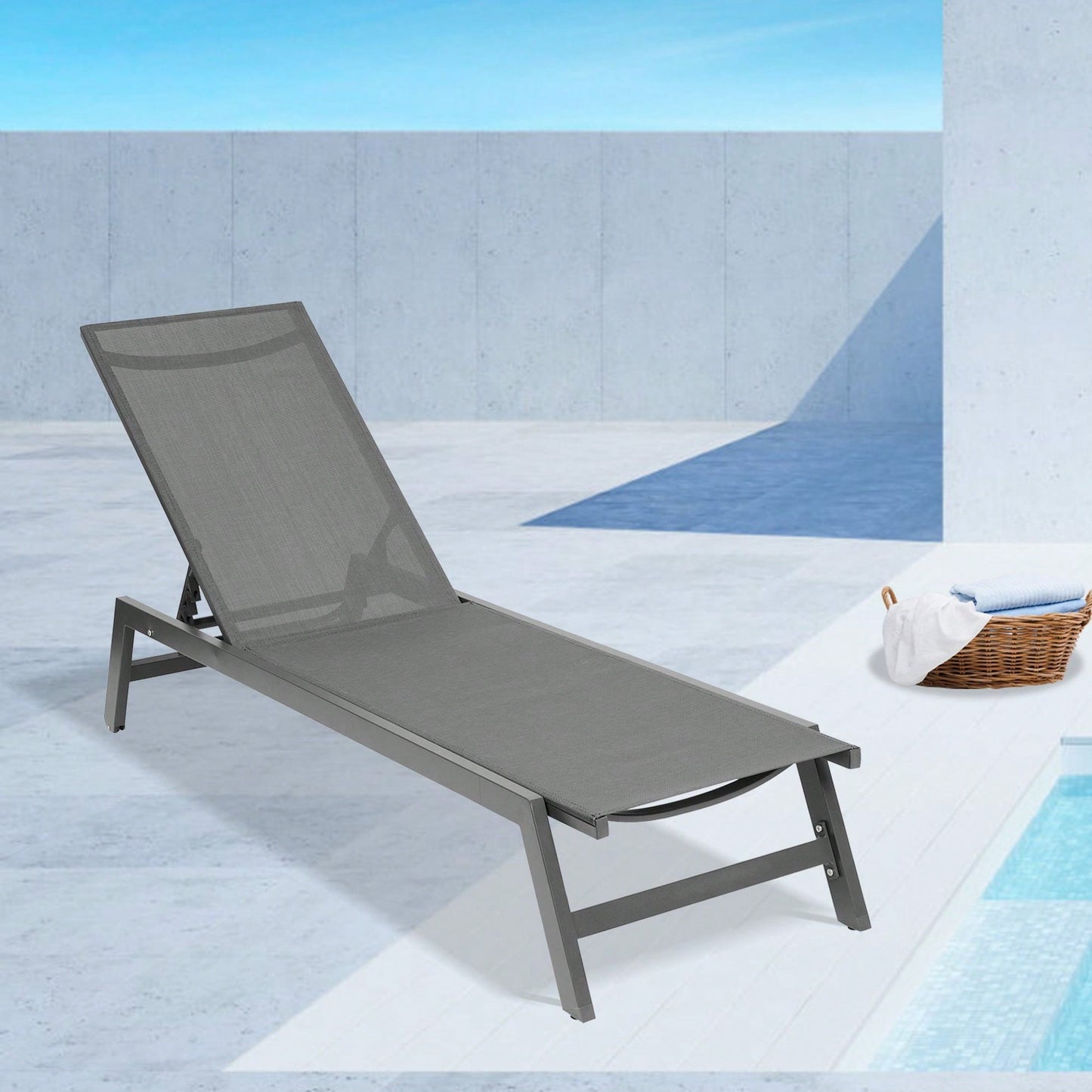 Adjustable Outdoor Chaise Lounge Chair - Five-Position Recliner, All Weather for Patio, Beach, Yard, Pool - Grey Frame & Dark Grey Fabric