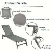 Adjustable Outdoor Chaise Lounge Chair - Five-Position Recliner, All Weather for Patio, Beach, Yard, Pool - Grey Frame & Dark Grey Fabric