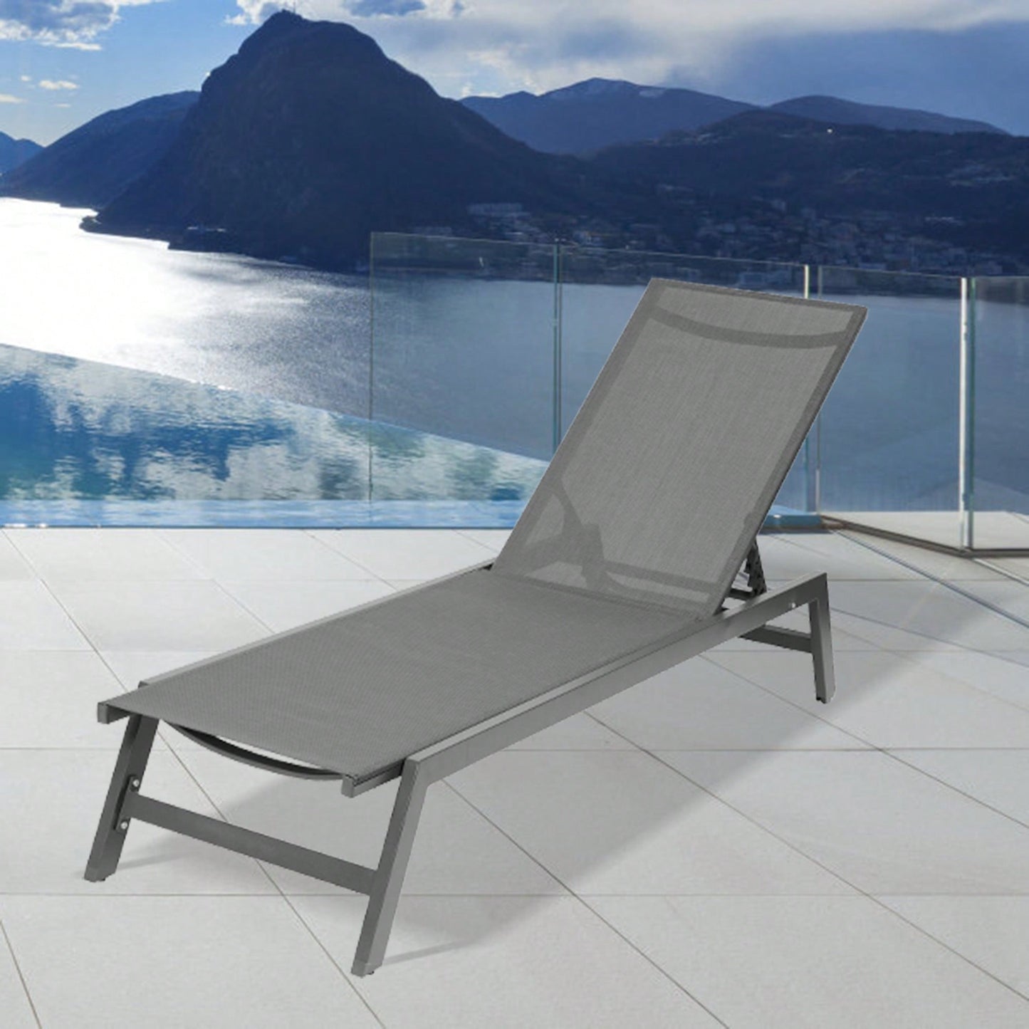 Adjustable Outdoor Chaise Lounge Chair - Five-Position Recliner, All Weather for Patio, Beach, Yard, Pool - Grey Frame & Dark Grey Fabric