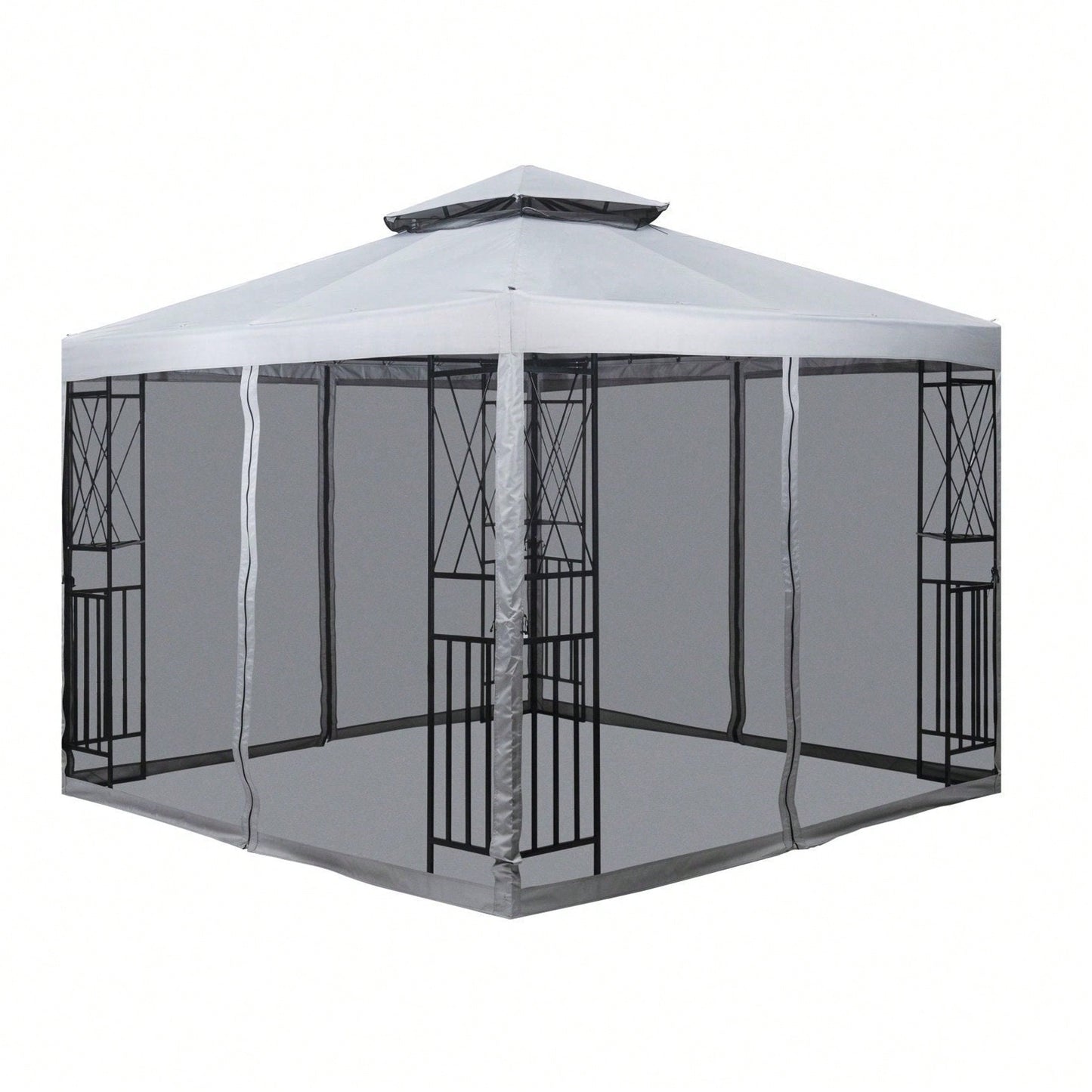 10' X 10' Patio Gazebo With Mosquito Net And Corner Shelves, Light Gray