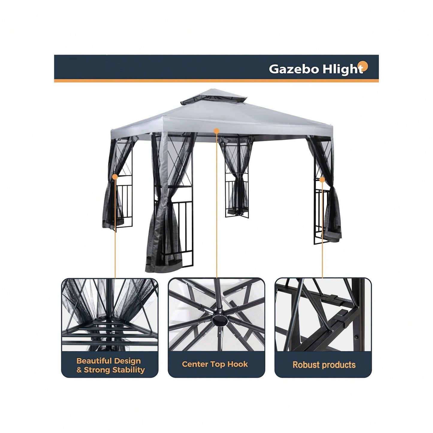 10' X 10' Patio Gazebo With Mosquito Net And Corner Shelves, Light Gray