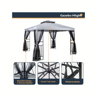 10' X 10' Patio Gazebo With Mosquito Net And Corner Shelves, Light Gray