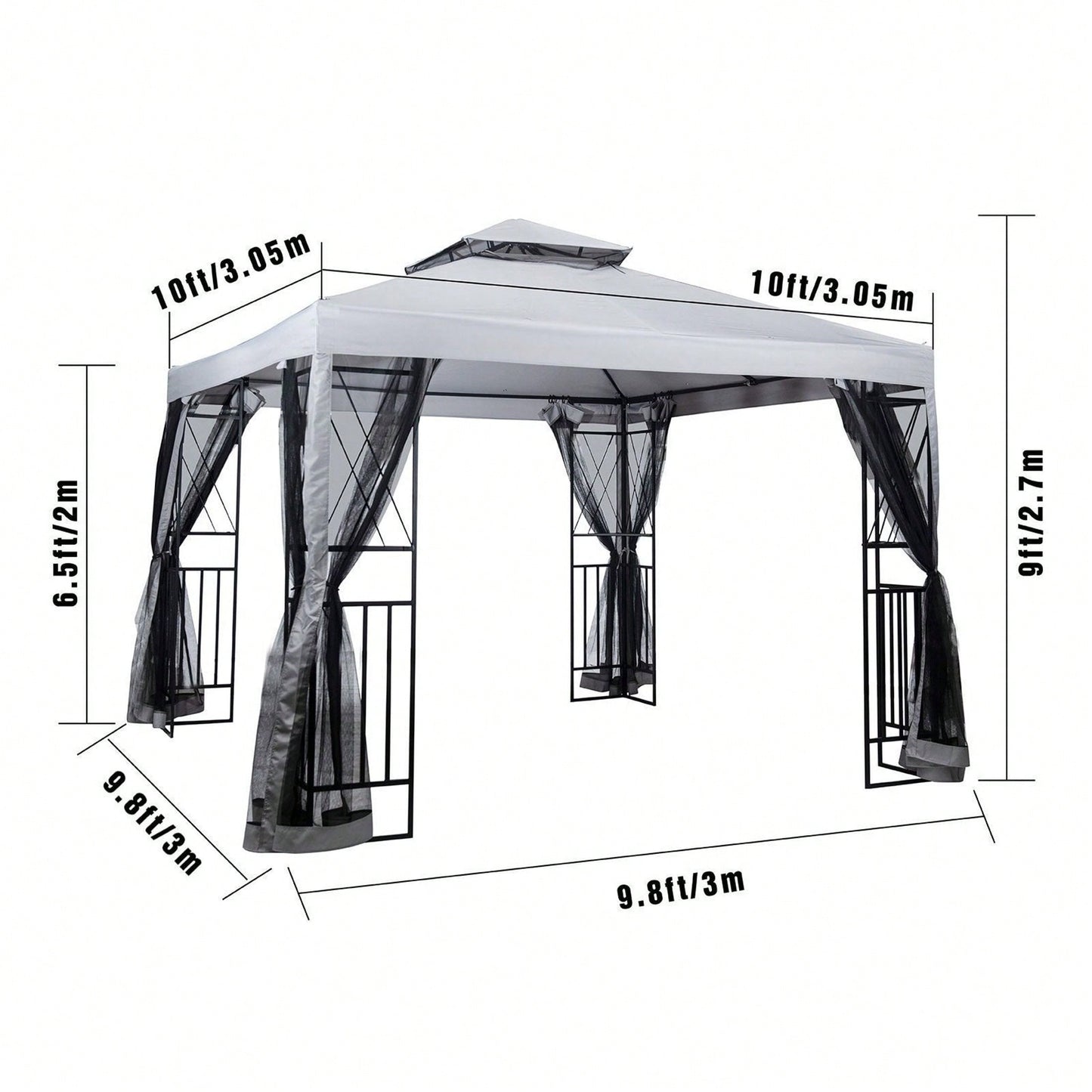 10' X 10' Patio Gazebo With Mosquito Net And Corner Shelves, Light Gray