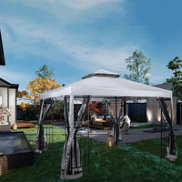 10' X 10' Patio Gazebo With Mosquito Net And Corner Shelves, Light Gray