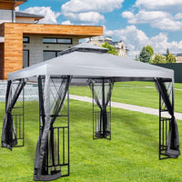 10' X 10' Patio Gazebo With Mosquito Net And Corner Shelves, Light Gray