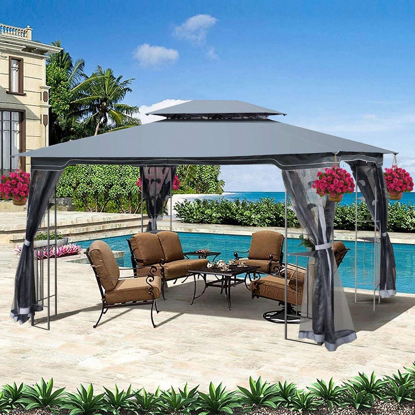 13x10 Ft Outdoor Patio Gazebo Canopy Tent with Ventilated Double Roof and Detachable Mosquito Net for Lawn Garden and Backyard Use