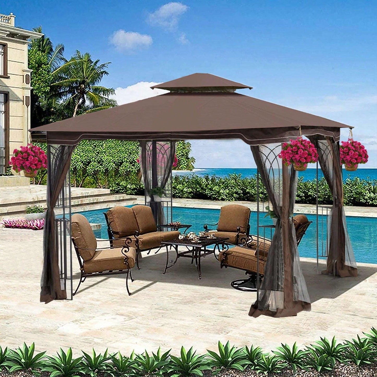 Ventilated Double Roof Outdoor Gazebo Canopy Tent with Detachable Mosquito Net for Lawn Garden and Backyard