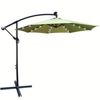 10 Ft Solar Powered LED Patio Umbrella Waterproof with Crank Cross Base for Garden Deck Pool Shade