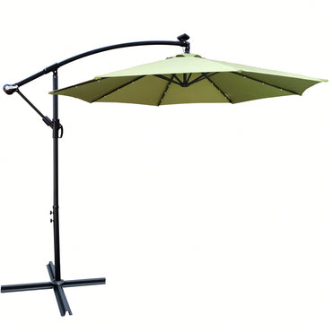 10 Ft Solar Powered LED Patio Umbrella Waterproof with Crank Cross Base for Garden Deck Pool Shade