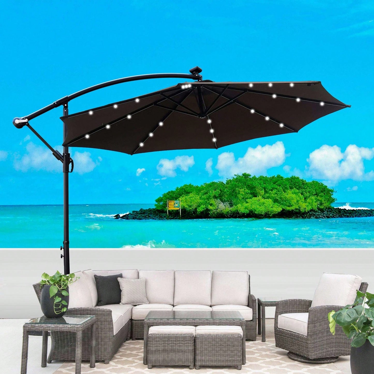 10 Ft Solar Powered LED Patio Umbrella Waterproof with Crank Cross Base for Garden Deck Pool Shade