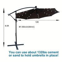 10 Ft Solar Powered LED Patio Umbrella Waterproof with Crank Cross Base for Garden Deck Pool Shade