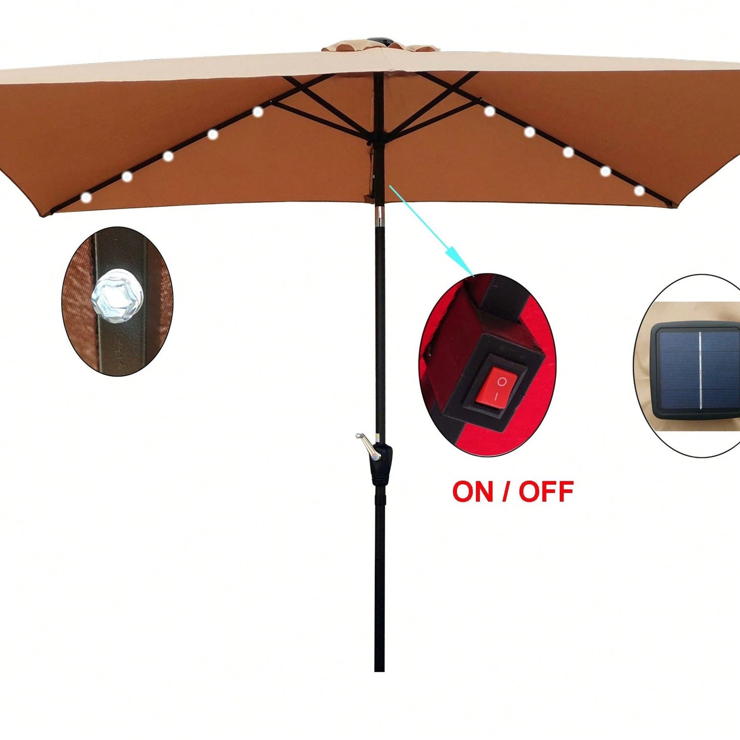 10 X 6.5 Ft Rectangular Solar LED Lighted Outdoor Market Umbrellas With Crank & Push Button Tilt For Garden Shade Outside Swimming Pool