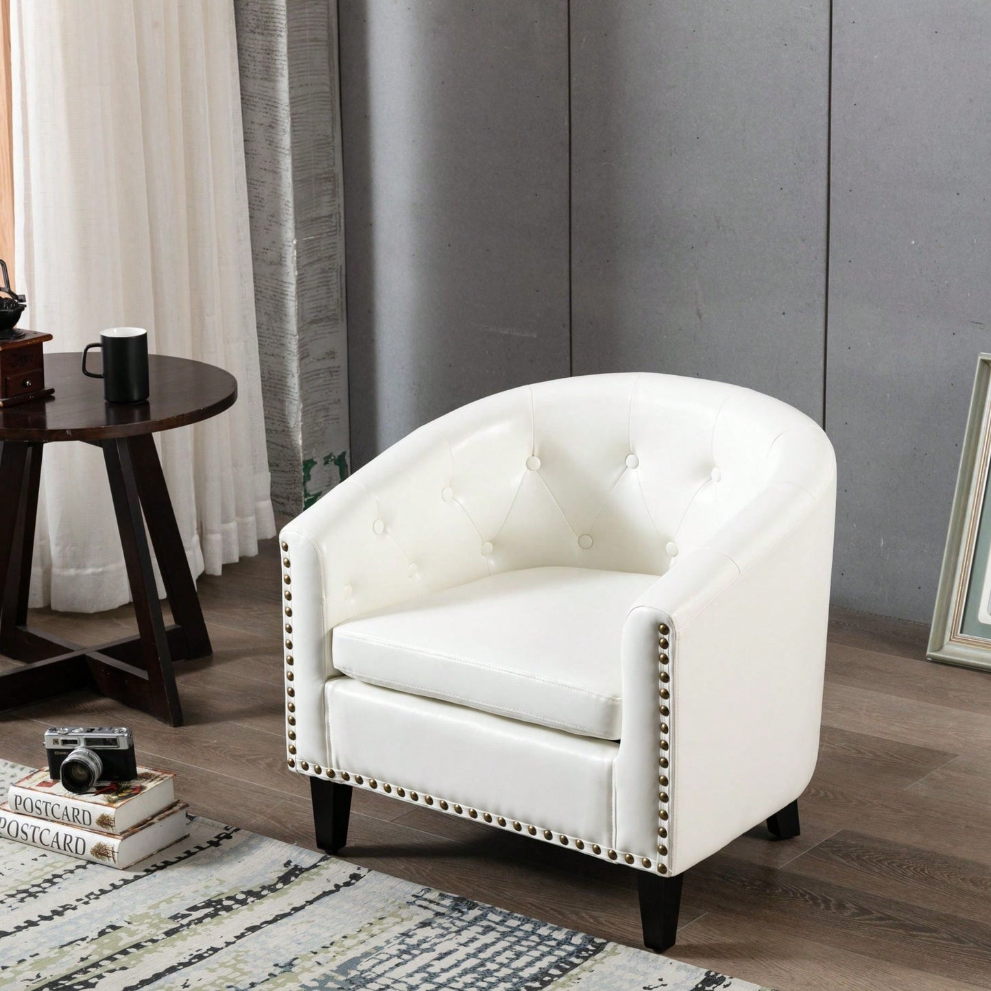 PU Leather Tufted Barrel Chair For Living Room Bedroom Club Chairs