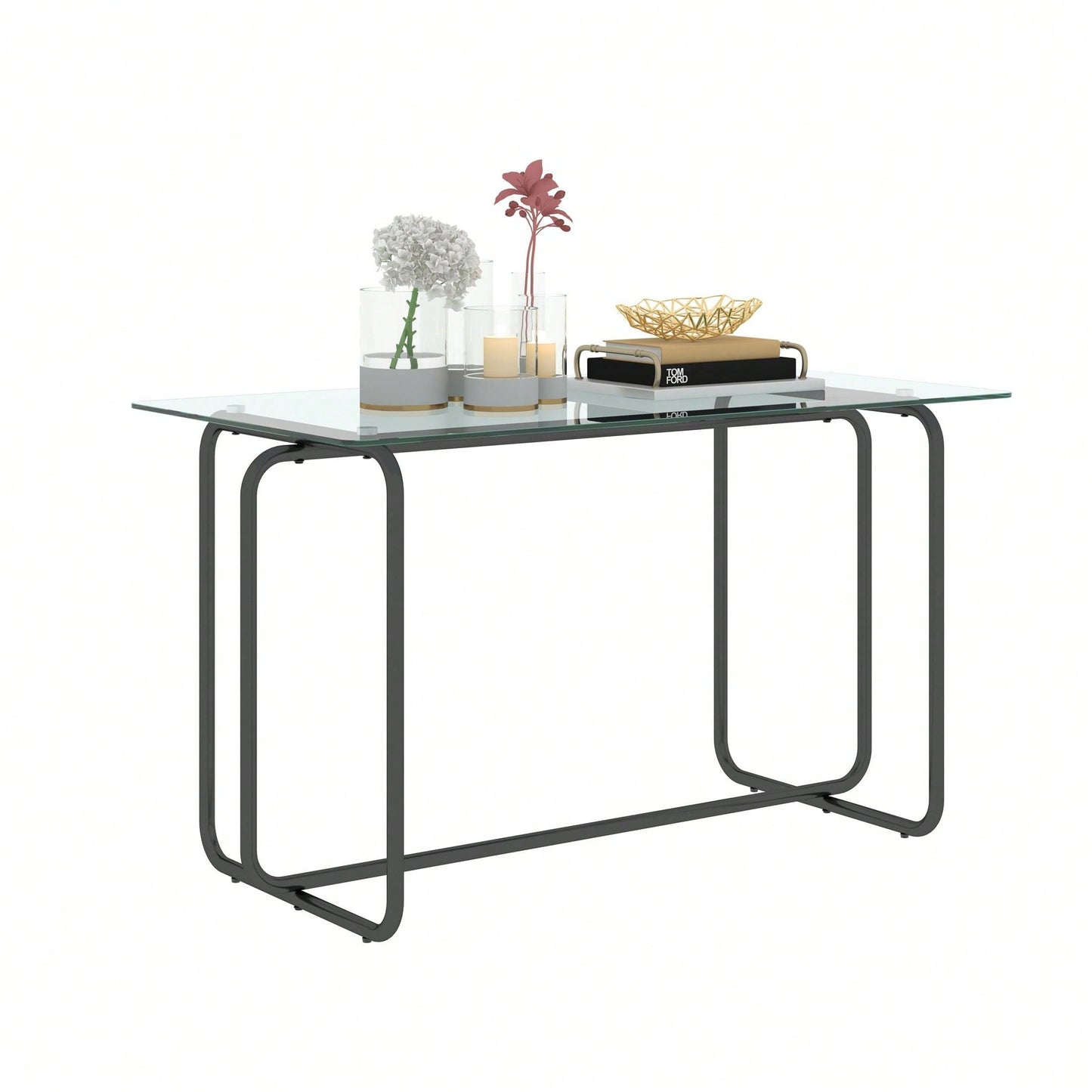 Rectangle Dining Table With Black Metal Frame, Tempered Glass Dining Table For Kitchen Room