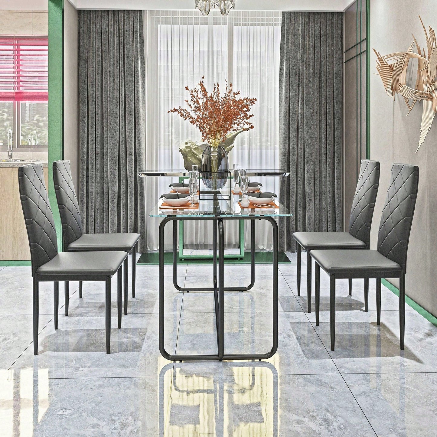 Rectangle Dining Table With Black Metal Frame, Tempered Glass Dining Table For Kitchen Room