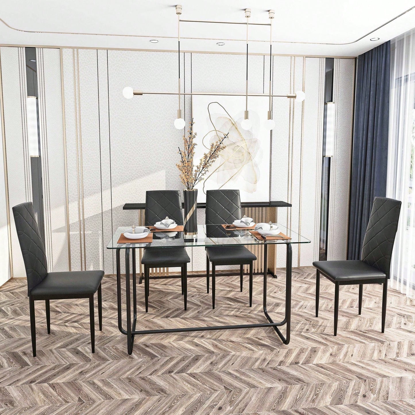 Rectangle Dining Table With Black Metal Frame, Tempered Glass Dining Table For Kitchen Room