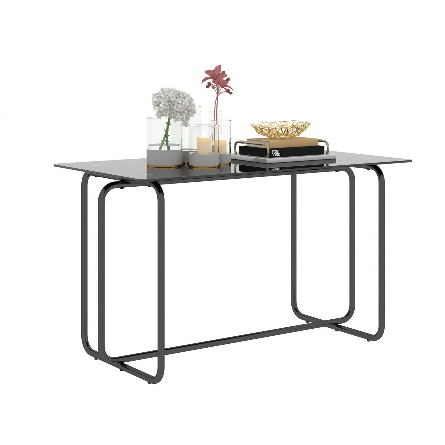 Rectangle Dining Table With Black Metal Frame, Tempered Glass Dining Table For Kitchen Room