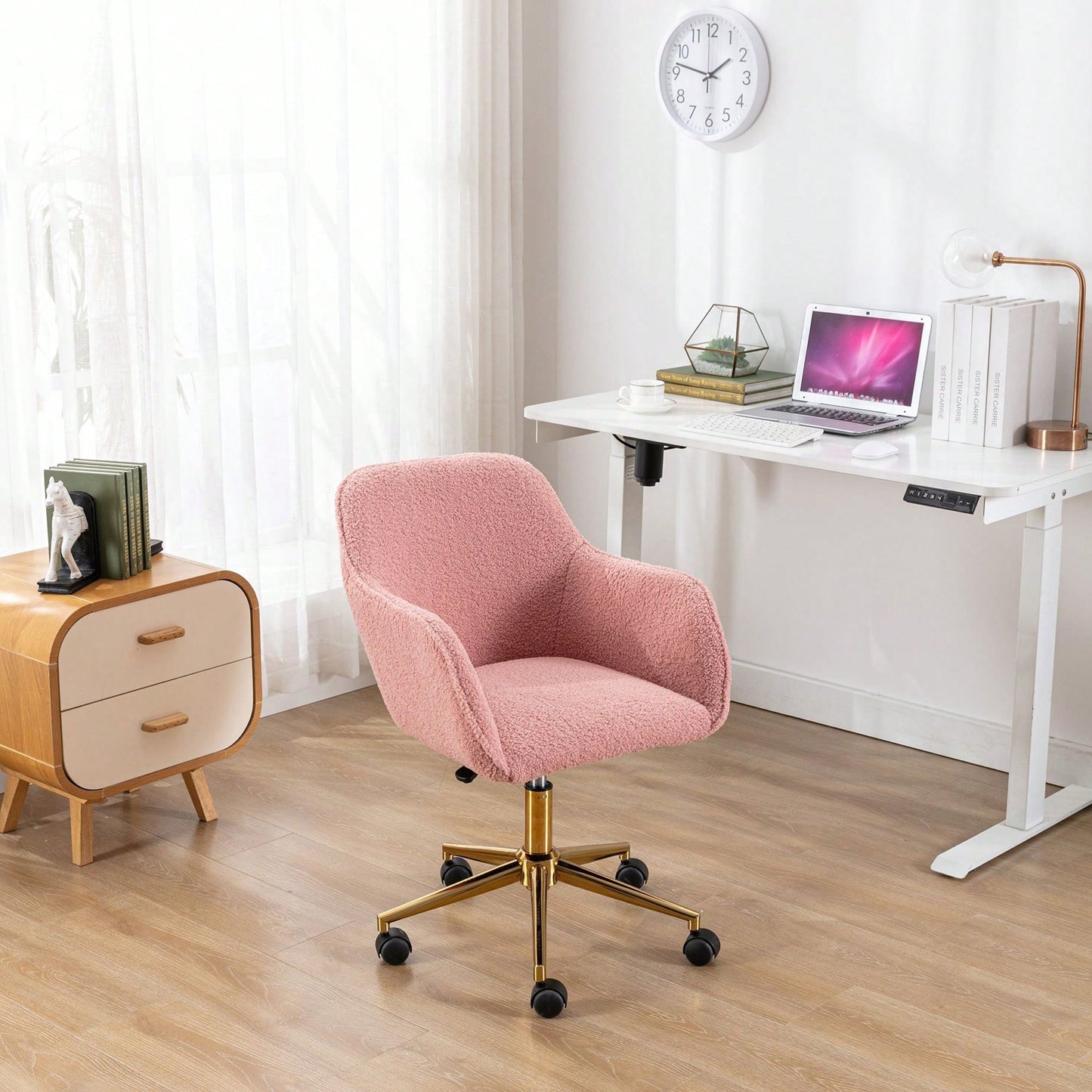 Modern Teddy Fabric Material Adjustable Height 360 Revolving Home Office Chair With Gold Metal Legs And Universal Wheel For Indoor