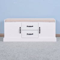 Wooden Entryway Shoe Cabinet With 2 Drawers And 2 Doors Living Room Storage Bench With White Cushion