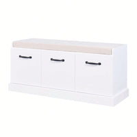 Wooden Entryway Shoe Cabinet Living Room Storage Bench With White Cushion