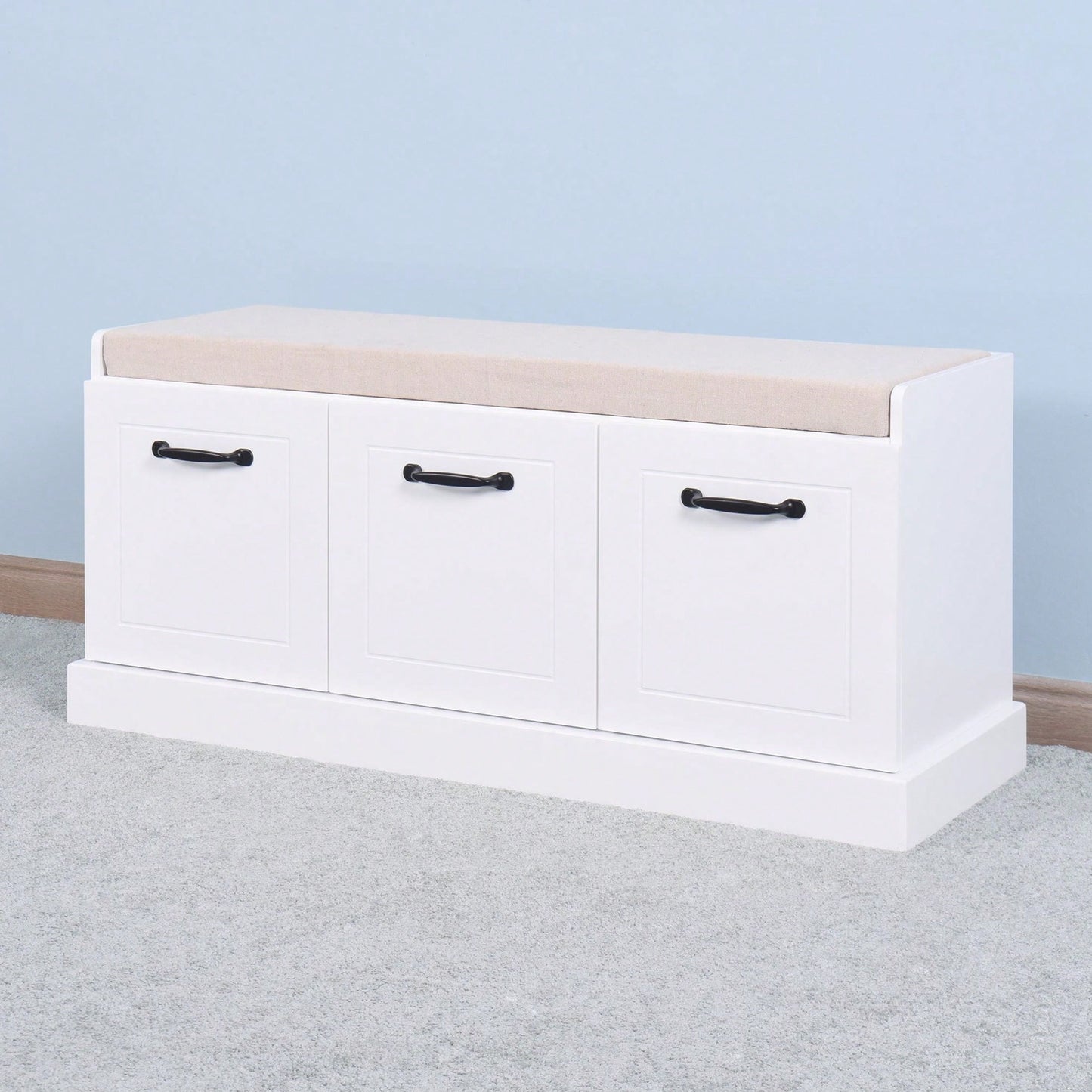 Wooden Entryway Shoe Cabinet Living Room Storage Bench With White Cushion