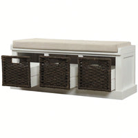 Rustic Storage Bench With 3 Removable Classic Rattan Basket , Entryway Bench Storage Bench With Removable Cushion