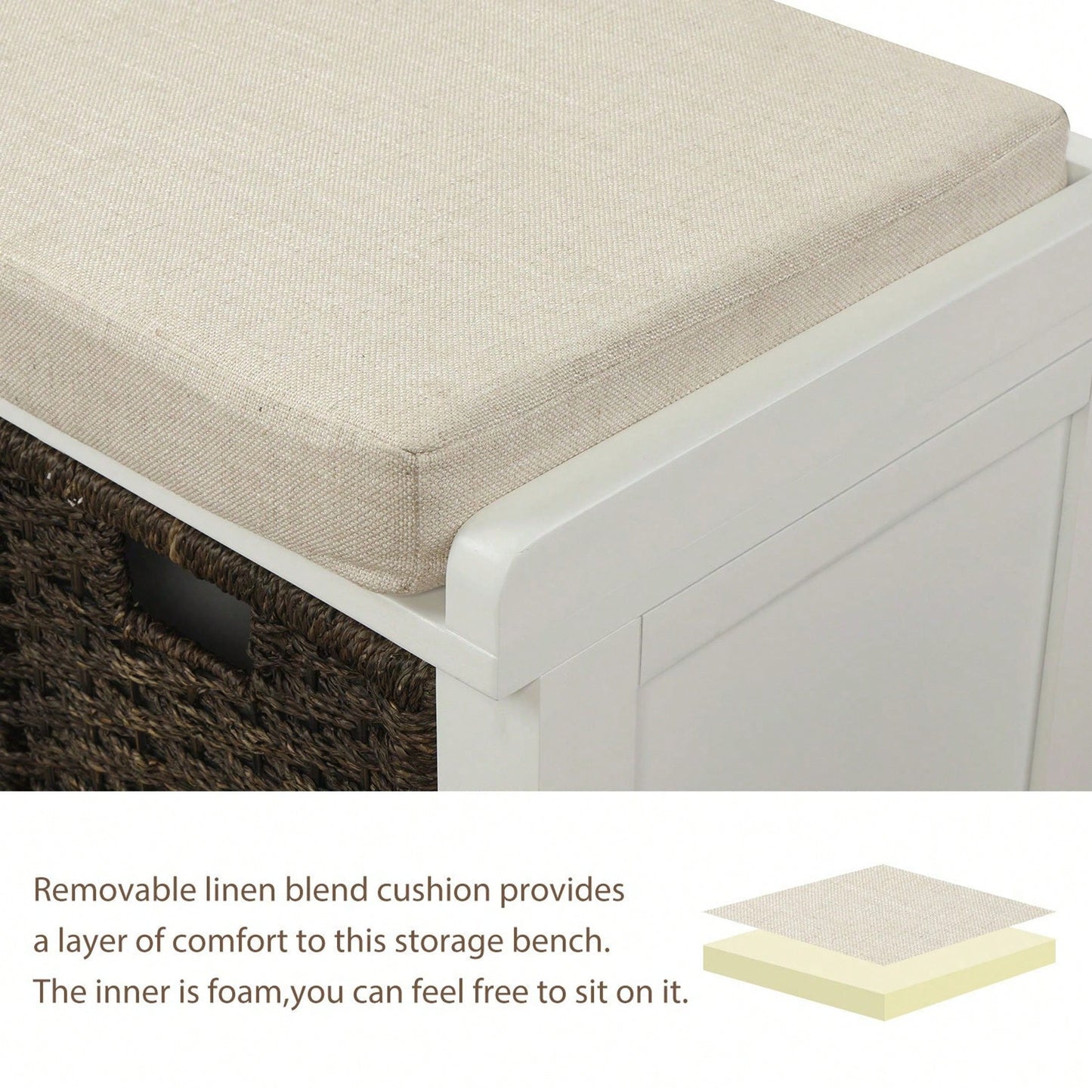 Rustic Storage Bench With 3 Removable Classic Rattan Basket , Entryway Bench Storage Bench With Removable Cushion