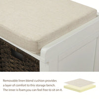 Rustic Storage Bench With 3 Removable Classic Rattan Basket , Entryway Bench Storage Bench With Removable Cushion