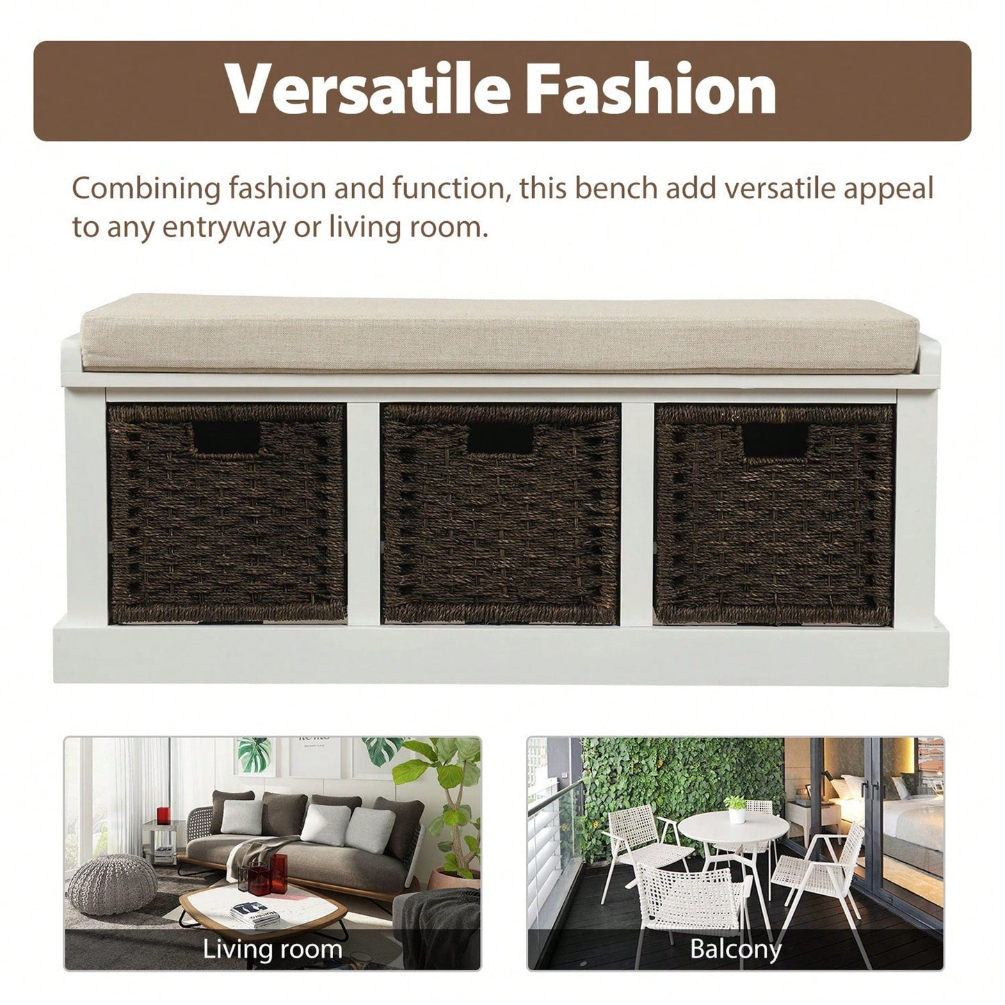 Rustic Storage Bench With 3 Removable Classic Rattan Basket , Entryway Bench Storage Bench With Removable Cushion