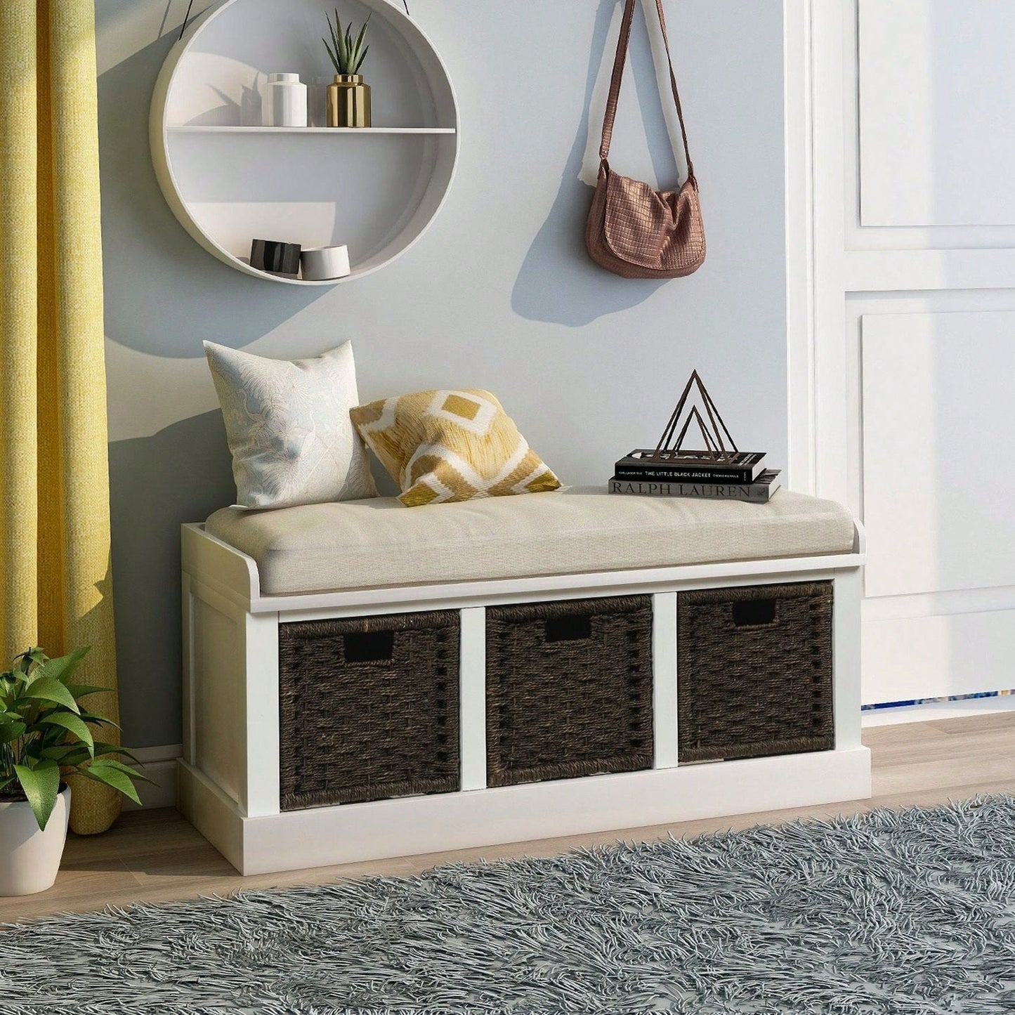 Rustic Storage Bench With 3 Removable Classic Rattan Basket , Entryway Bench Storage Bench With Removable Cushion