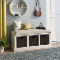 Rustic Storage Bench With 3 Removable Classic Rattan Basket , Entryway Bench Storage Bench With Removable Cushion