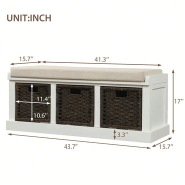 Rustic Storage Bench With 3 Removable Classic Rattan Basket , Entryway Bench Storage Bench With Removable Cushion