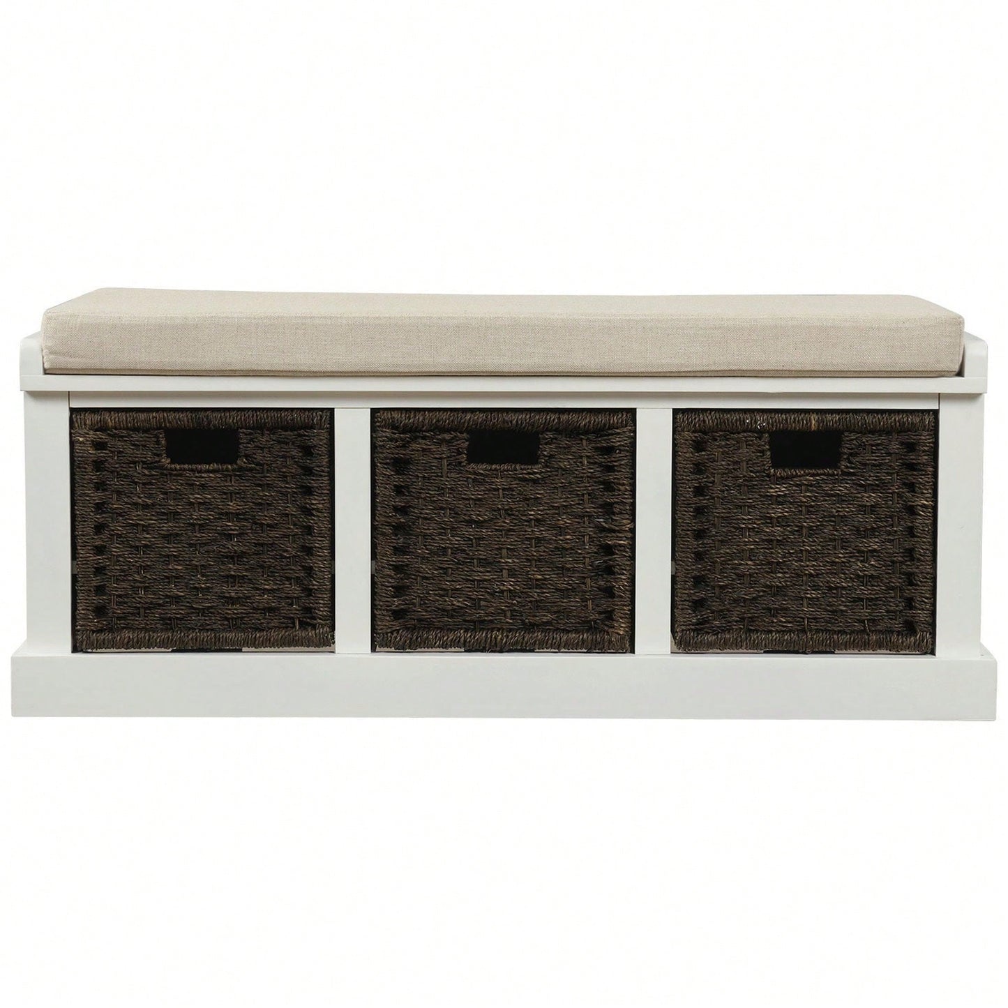 Rustic Storage Bench With 3 Removable Classic Rattan Basket , Entryway Bench Storage Bench With Removable Cushion