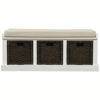 Rustic Storage Bench With 3 Removable Classic Rattan Basket , Entryway Bench Storage Bench With Removable Cushion
