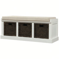 Rustic Storage Bench With 3 Removable Classic Rattan Basket , Entryway Bench Storage Bench With Removable Cushion