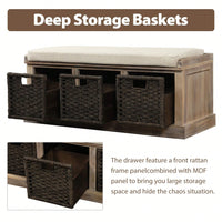 Rustic Storage Bench With 3 Removable Classic Rattan Basket , Entryway Bench Storage Bench With Removable Cushion