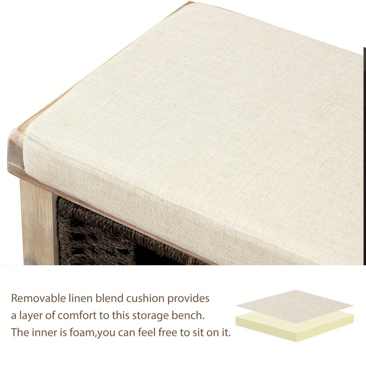 Rustic Storage Bench With 3 Removable Classic Rattan Basket , Entryway Bench Storage Bench With Removable Cushion