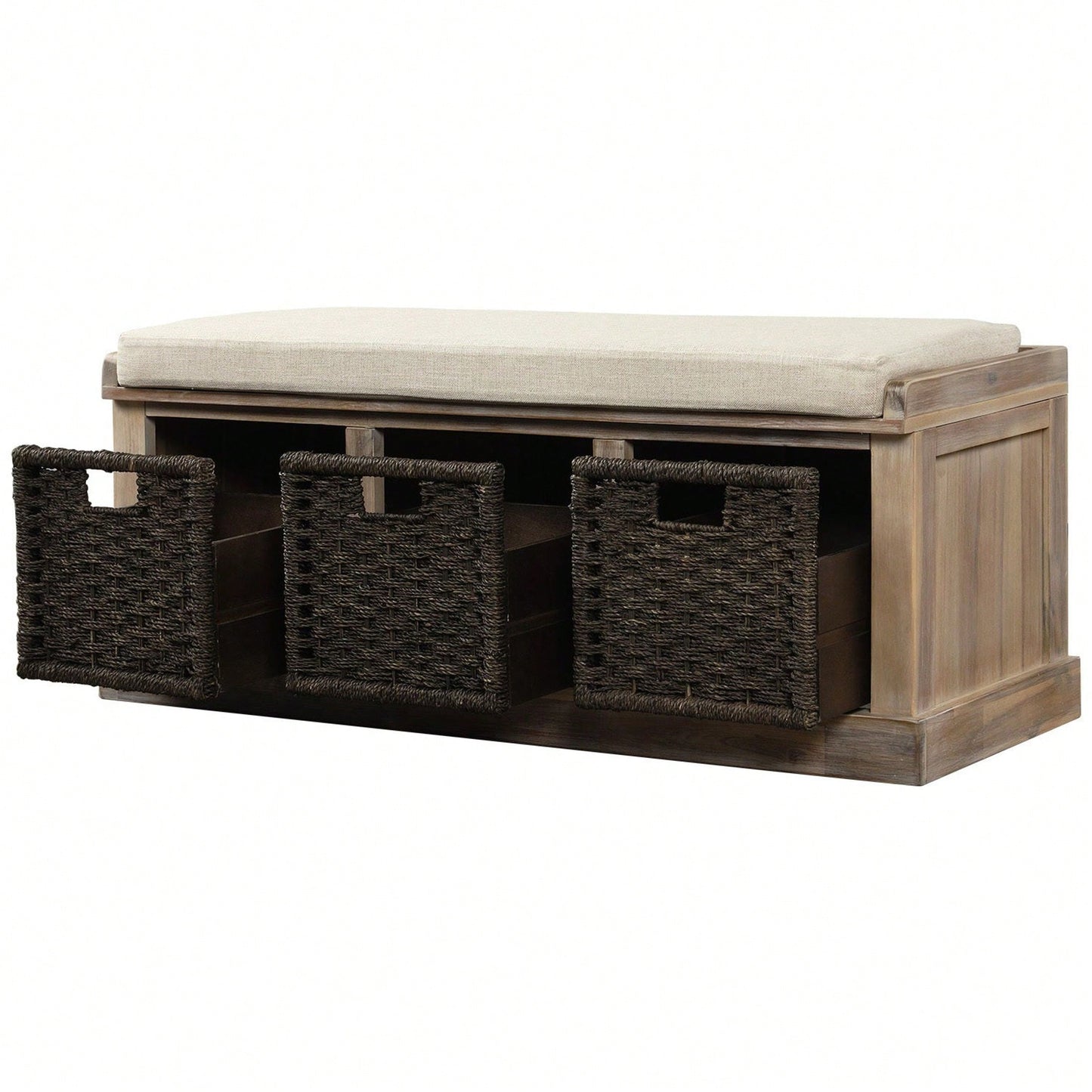 Rustic Storage Bench With 3 Removable Classic Rattan Basket , Entryway Bench Storage Bench With Removable Cushion