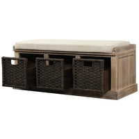 Rustic Storage Bench With 3 Removable Classic Rattan Basket , Entryway Bench Storage Bench With Removable Cushion