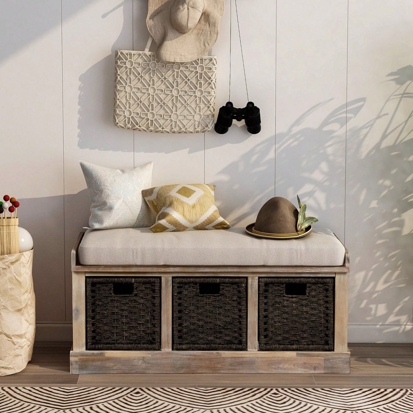 Rustic Storage Bench With 3 Removable Classic Rattan Basket , Entryway Bench Storage Bench With Removable Cushion