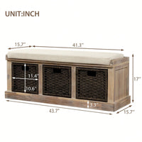 Rustic Storage Bench With 3 Removable Classic Rattan Basket , Entryway Bench Storage Bench With Removable Cushion