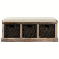 Rustic Storage Bench With 3 Removable Classic Rattan Basket , Entryway Bench Storage Bench With Removable Cushion