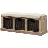 Rustic Storage Bench With 3 Removable Classic Rattan Basket , Entryway Bench Storage Bench With Removable Cushion