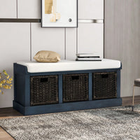 Rustic Storage Bench With 3 Removable Classic Rattan Basket , Entryway Bench Storage Bench With Removable Cushion