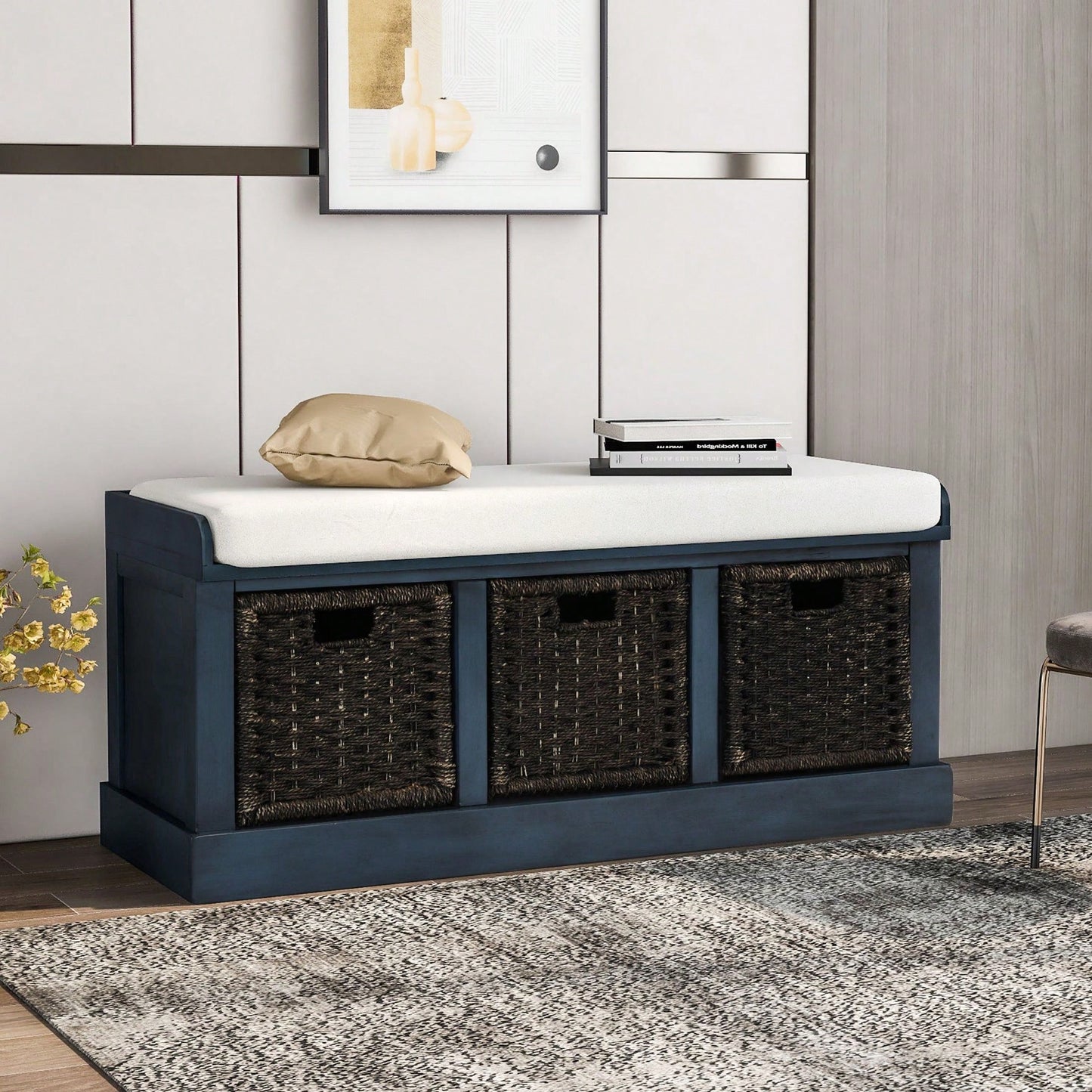 Rustic Storage Bench With 3 Removable Classic Rattan Basket , Entryway Bench Storage Bench With Removable Cushion