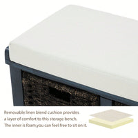 Rustic Storage Bench With 3 Removable Classic Rattan Basket , Entryway Bench Storage Bench With Removable Cushion
